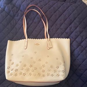 Coach large tote bag. Leather cream color with flower appliqués